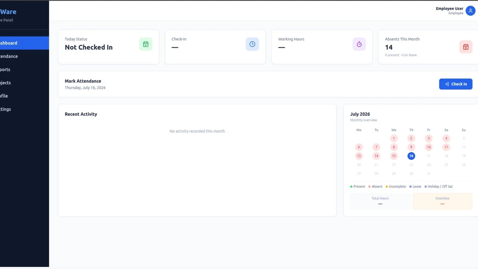 BUZZWAREMS — Employee Attendance & Workforce Management System: Employee Dashboard