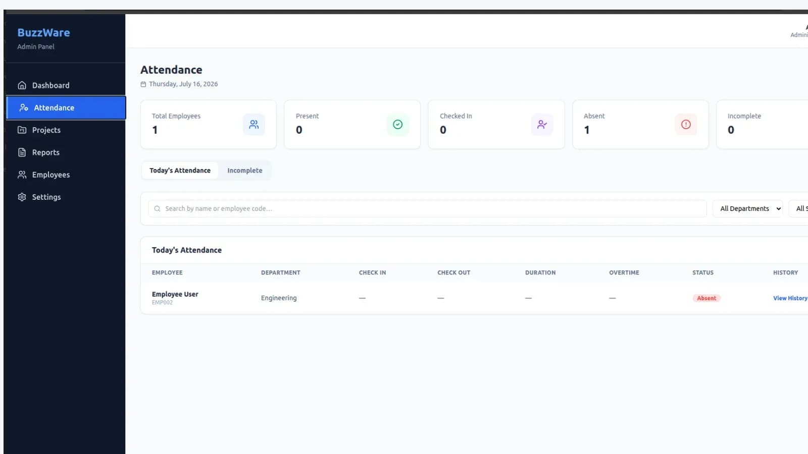BUZZWAREMS — Employee Attendance & Workforce Management System: Admin Attendance Page