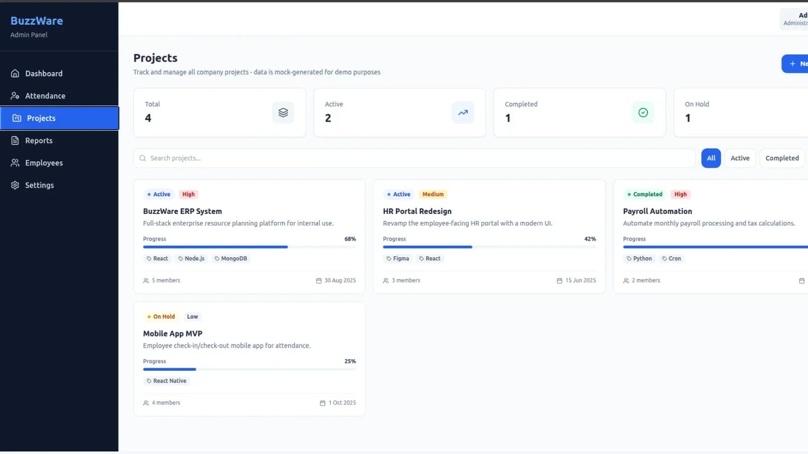 BUZZWAREMS — Employee Attendance & Workforce Management System: Admin Projects Page