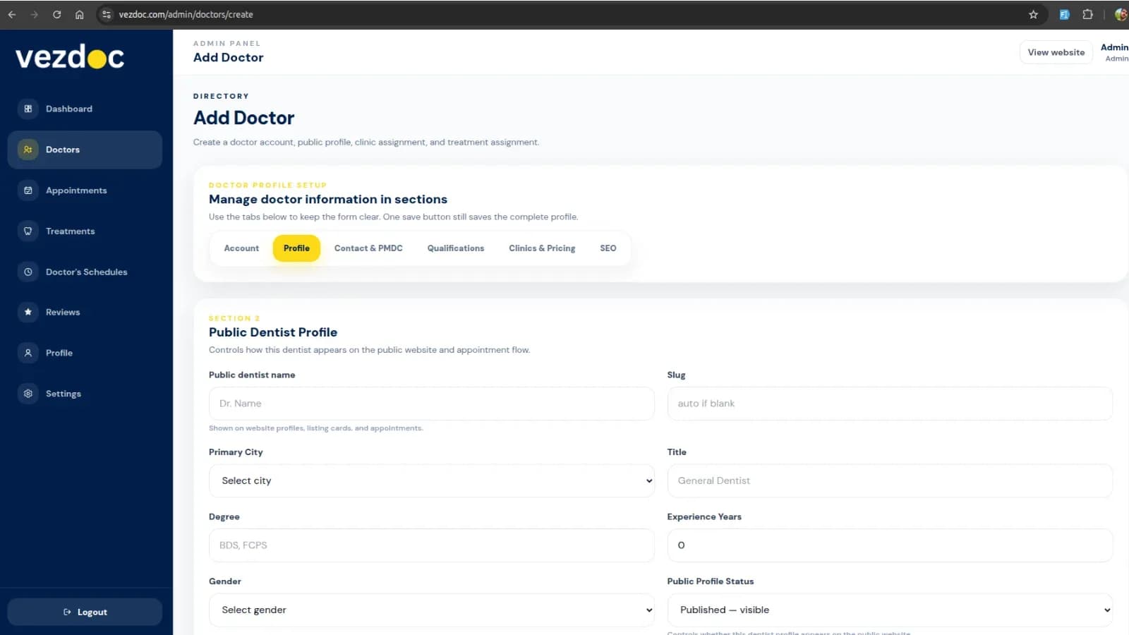 VEZDOC — Dental Appointment & Provider Platform: Create Doctor Page
