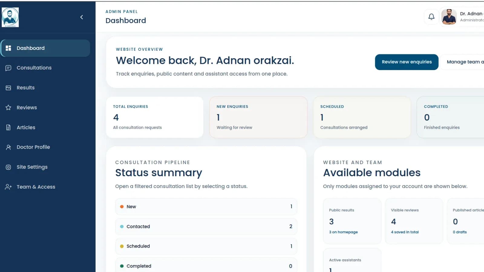 DR. ADNAN ORAKZAI — Hair Restoration Personal Website & Content Platform: Dashboard