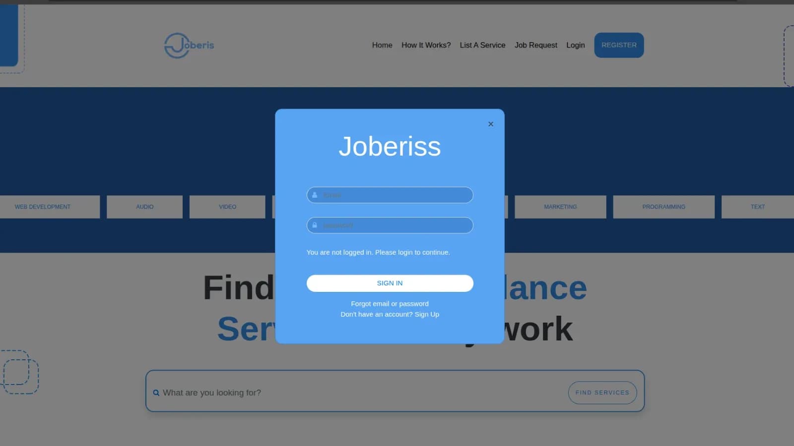 JOBRIS — Freelance Marketplace Platform: login modal